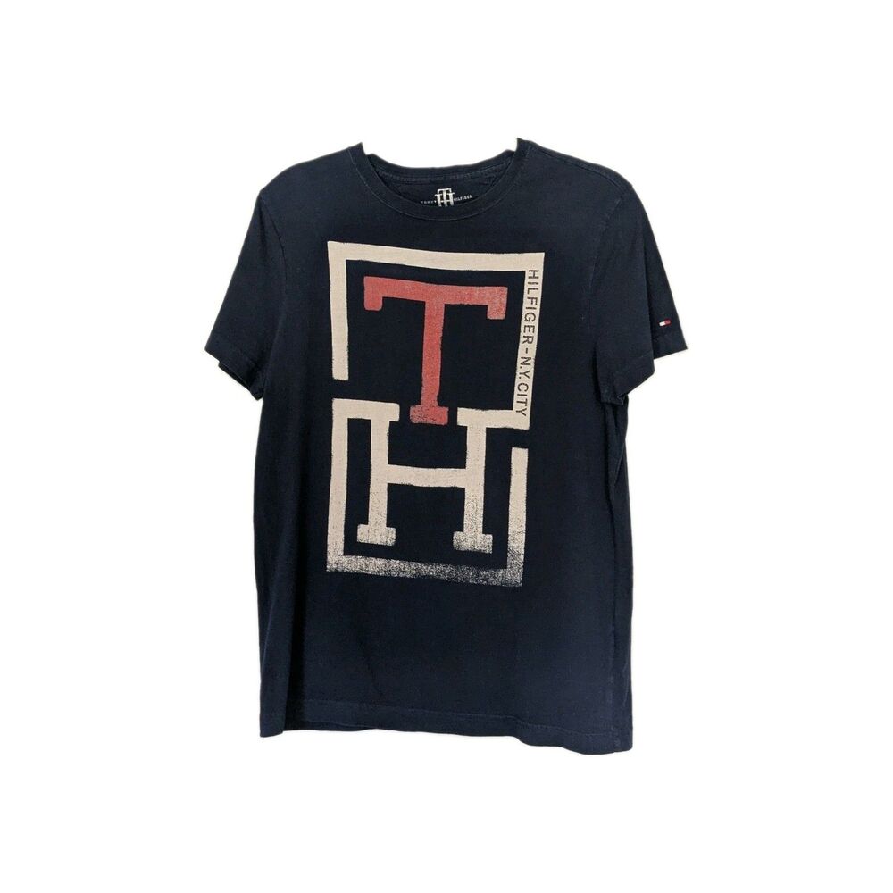 Tommy Hilfiger Womens XS Navy TH Logo Graphic T Shirt NYC Distressed Tee